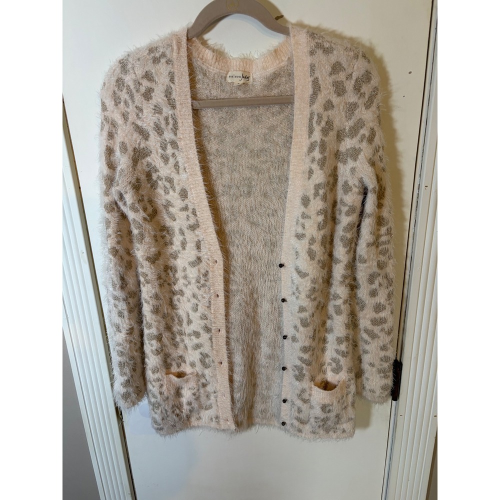 Maison Jules Pink Gold Leopard Print Fuzzy Eyelash Knit Cardigan Sweater Pocket
